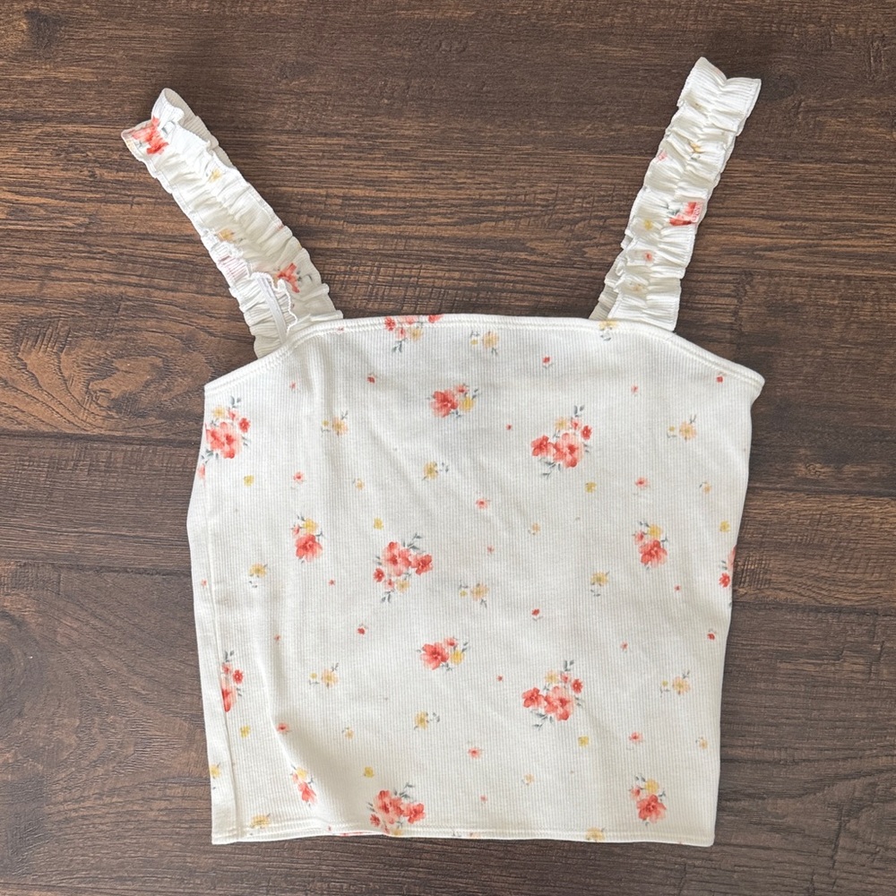 Forever 21 White Floral Ruffle Strap Tank Top with Pink & Yellow Flowers